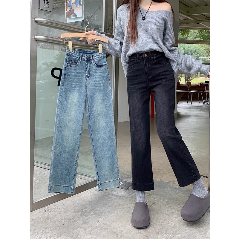 Black Straight-leg Jeans Women's Early Spring New High Waist Narrow-length Slimming plus size Pear-shaped Figure Cigarette Cropped Pants