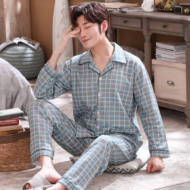 Pijamas de los hombres de manga larga de algodón de primavera y otoño delgada más el tamaño de prendas de vestir exteriores de los hombres pijamas de invierno homewear