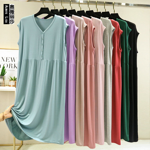 Summer Outerwear Modal Sleeveless Dress for Women: Loose Fit, Flared Design, Buttoned V-Neck Base Layer, Perfect for Casual Home Wear