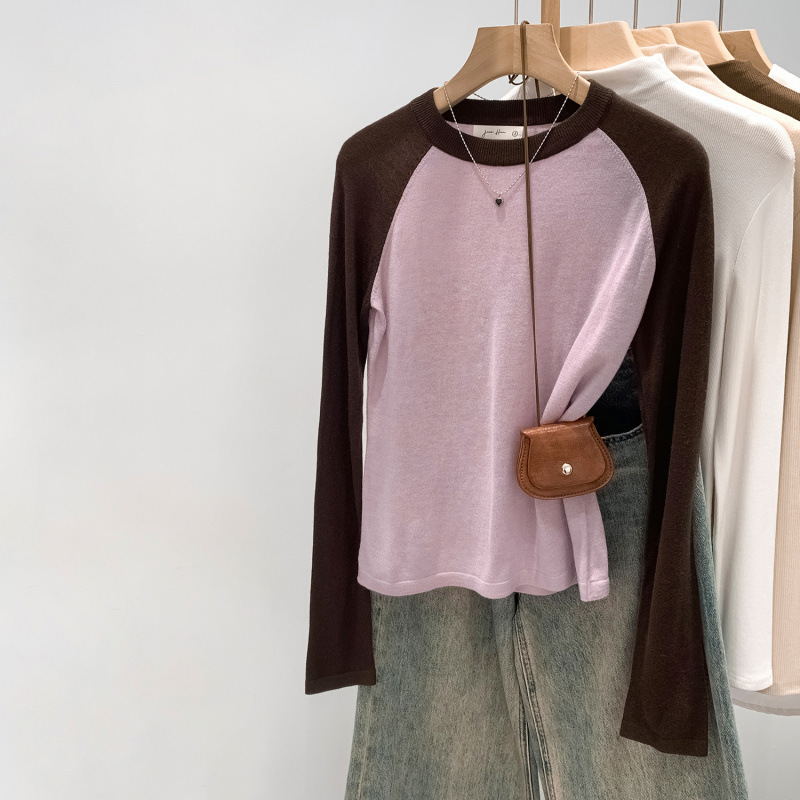 Autumn Base Layer Women's Inner Wear High-End Contrasting Color Splicing Round Neck Long-Sleeved T-Shirt 2025 New Super Nice Top