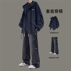 春秋季港风连帽工装夹克套装男宽松潮流外套搭配牛仔裤帅气两件套