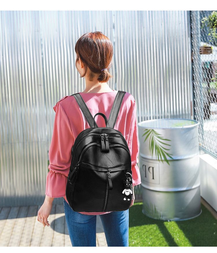 Women's Backpack Korean Style Fashionable PU Soft Leather Trendy Bag Simple Black Casual Backpack Single Shoulder Crossbody Bag