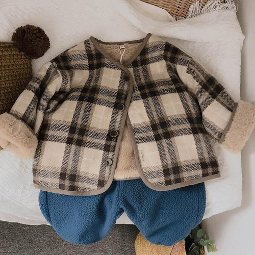 New children's padded and thick plaid coat for boys and girls, autumn and winter outerwear, cotton jacket for young children, loose outerwear, trendy
