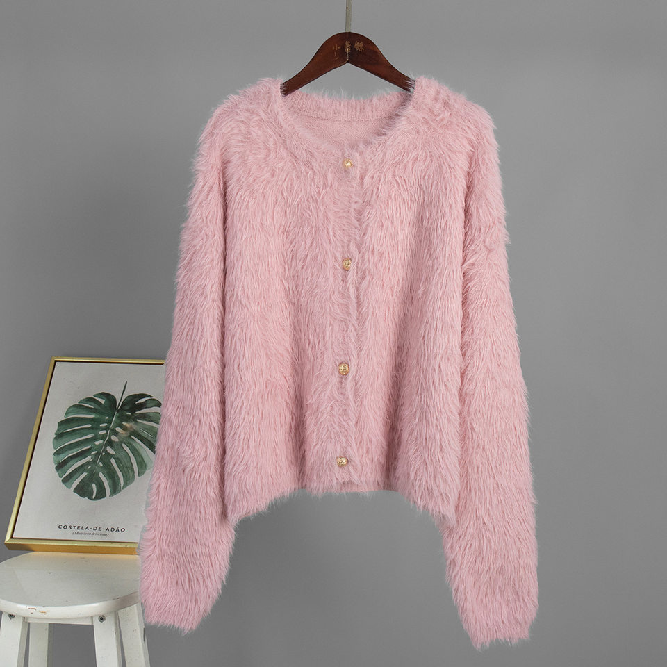 Áo cardigan len dệt kim dáng suông cổ tròn tay dài cài nút phong cách Hàn Quốc — Màu nâu, Xanh quân đội, màu hồng, Đỏ (Còn hàng) chi tiết 3