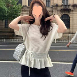 法式白色荷叶边短袖针织衫女夏季高级感系带收腰显瘦上衣薄款