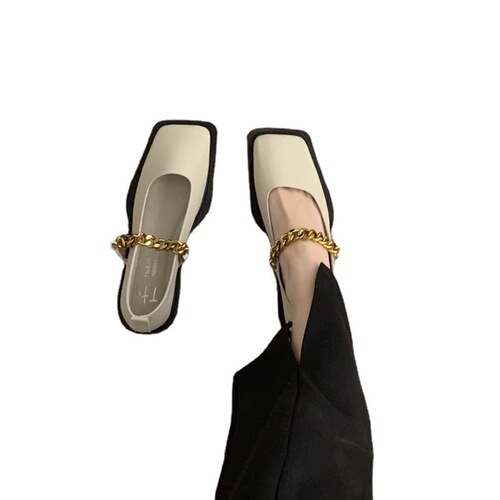 Metal chain square toe retro loafers for single women  new British versatile Mary Jane small leather shoes for women