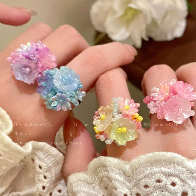 Dopamine Hydrangea Flower Ring Women's Early Spring Holiday Girl's Heart Finger Ring Colorful New Beaded Ring