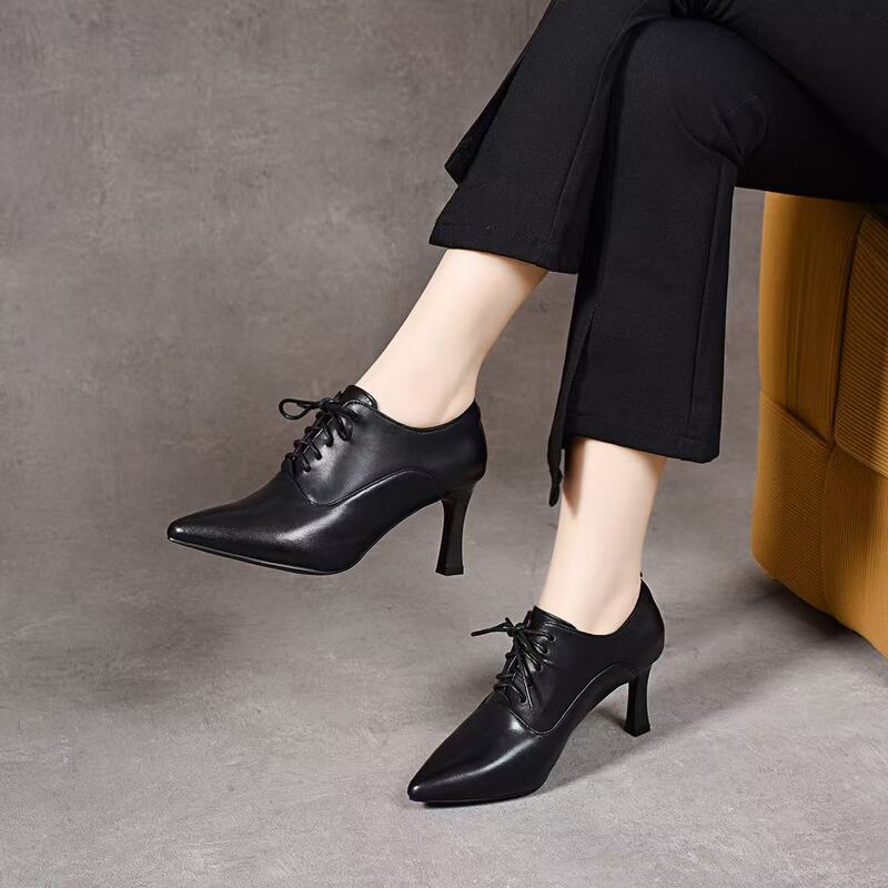 Pointed-Toe Deep-Cut Single Shoes for Women, 2025 Autumn New European and American Style Lace-Up Stiletto Heels, Elegant Sheepskin High Heels