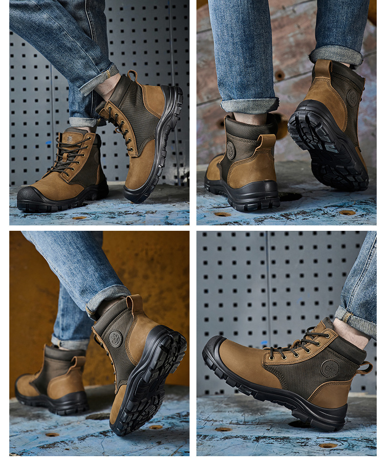 Chaussures de travail spéciales pour hommes, protection optimale, cuir de vachette pleine fleur, embout en acier, toutes saisons, montantes, anti-écrasement, anti-perforation, résistantes à l'usure, sécurité homme_voghion.com