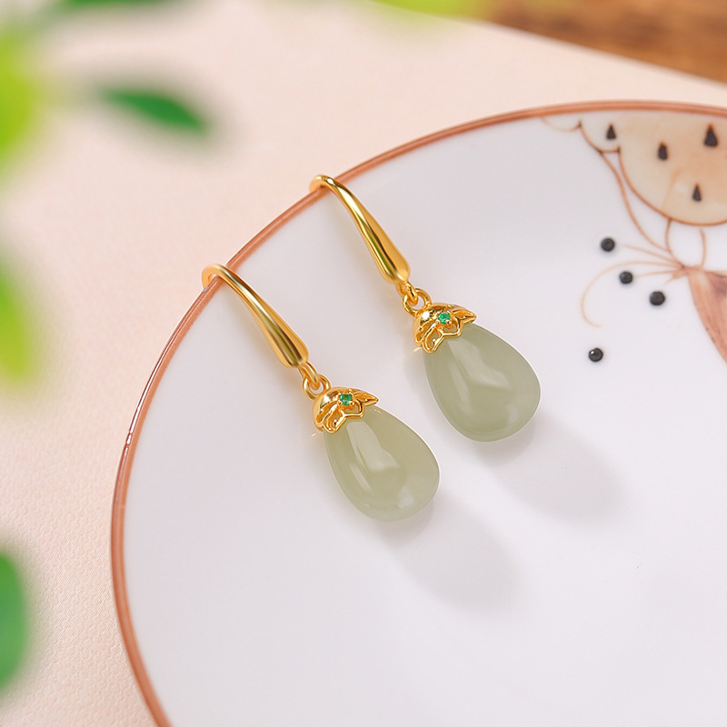 Khuyên tai nữ dài hình giọt nước bạc S925 mạ vàng đính ngọc bích — Một cặp