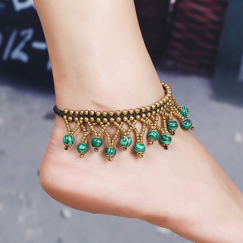 Elegant Retro Geometric Synthetic Turquoise Wax Line Copper Artificial Gemstones Women's Anklet 1 Piece display picture 4