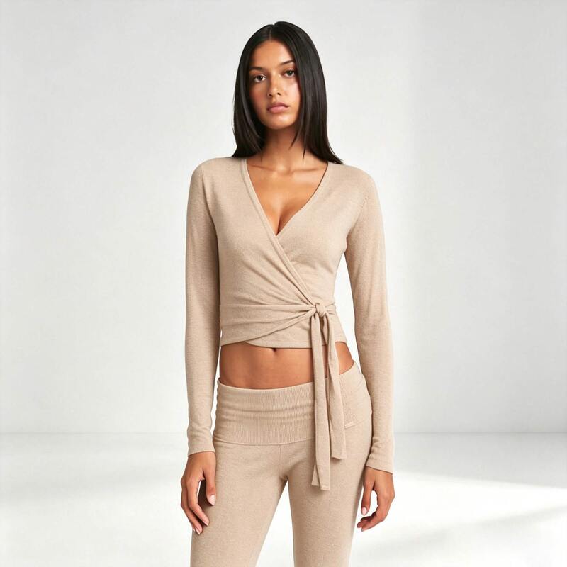 2026 European and American Amazon cross-border new women's fashion V-neck wrap-style cropped knit casual top 2026 European and American Amazon cross-border new women's fashion V-neck wrap-style cropped knit casual top