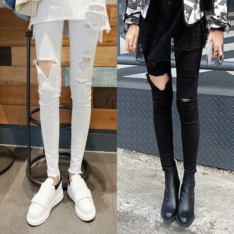 Real Shot of New High-Waisted Knee Ripped Jeans for Women, Tight-Fitting Stretch Nine-Point Pants, Raw Edge Leggings Real Shot of New High-Waisted Knee Ripped Jeans for Women, Tight-Fitting Stretch Nine-Point Pants, Raw Edge Leggings