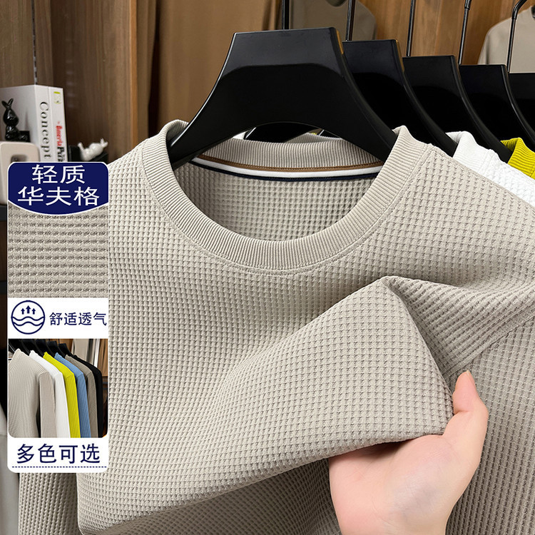 Cross-Border Export High-End Men's Long-Sleeved T-Shirt 2025 Autum New Pure Color Waffle Bottoming Shirt Men's Sweatshirt Cross-Border Export High-End Men's Long-Sleeved T-Shirt 2025 Autum New Pure Color Waffle Bottoming Shirt Men's Sweatshirt