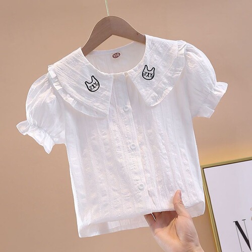 Girls' summer clothing: short-sleeved pure cotton white shirt, thin summer style for primary school students, with bow collar tops and performance half skirts