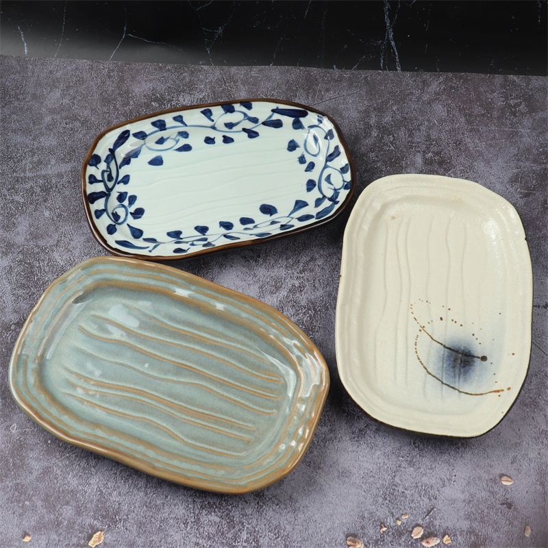 Japanese-style 8-inch sushi barbecue plate sashimi black strip plate Cherry Willow red flowing flower sashimi plate Japanese style ceramic meal