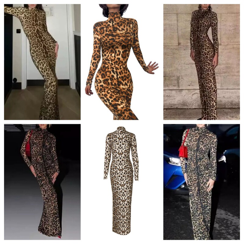 Summer Hot Sale Sexy Super Long Dress Foreign Trade New Model Aliexpress Cross-Border New Product High-Neck Long-Sleeve Fashion Dress
