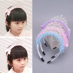 Children's Crystal Crown Hairband Girls' Baby Princess Lace Mesh Lace Headband Girls' Hair Accessories Trendy