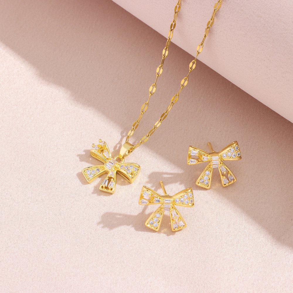 Collana con fiocco, orecchini da donna, leggeri, di lusso, in acciaio al titanio di alta qualità, con clavicola, orecchini a bottone, set di gioielli_voghion.com