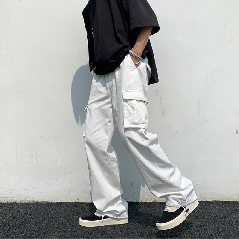 [SHOPEE Explosions] PH Cross-border Men's Cotton White Loose Multi-bag Functional Style Casual Tooling Pants