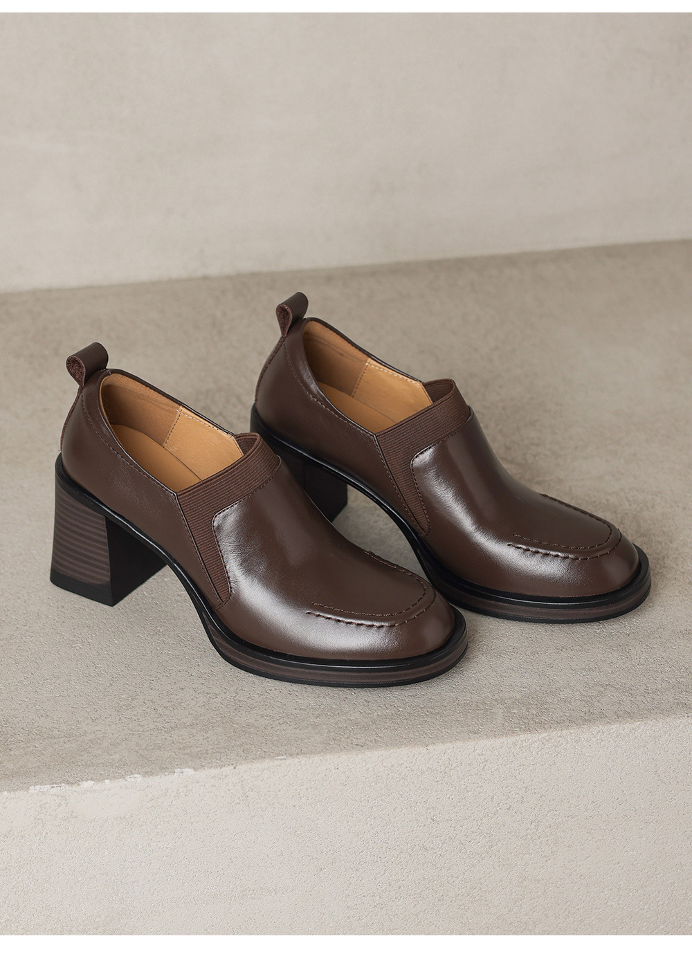 Giày cao gót nữ loafer cổ điển mũi sâu gót vuông 7.5 cm da bò thật — màu nâu chi tiết 20