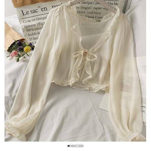 Cleverly Designed Short Bow-Knot Lace-Up Ruffled Trim Shawl for Women, 2025 Summer Collection – Loose-Fit, Long-Sleeve, Versatile Sun Protection Top