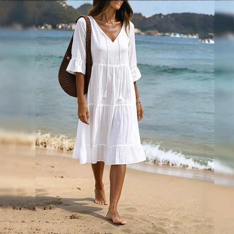 Mid-Length Dress 2026 Model, Loose-Fitting A-Line Dress with Layered Design, Suitable for Vacation, European and American Style, White with Tassels