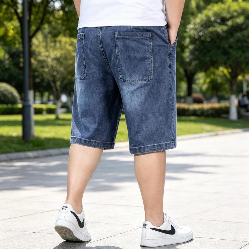 Summer Plus-Size Men's Denim Shorts, Five-Point Length, Extra Large, Loose Fit, Mid-Length Pants for Big and Tall Individuals, Elastic Wide-Leg Trendy Style