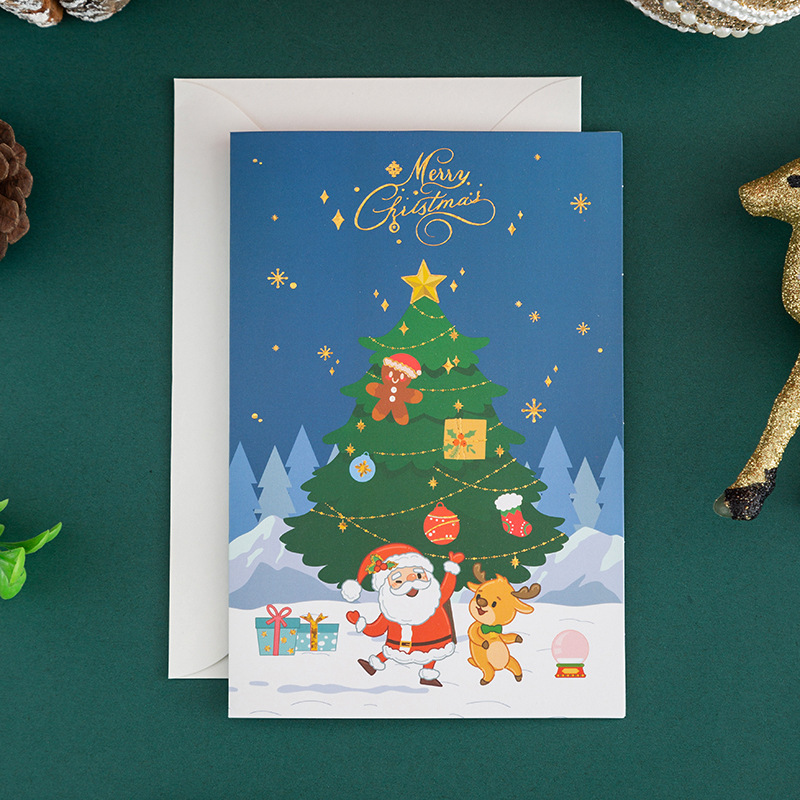 En stock Nuevo Dorado Tarjeta de felicitación de Navidad dibujos animados vacaciones Nochebuena Tarjeta de Navidad bendición deseo Tarjeta de mensaje