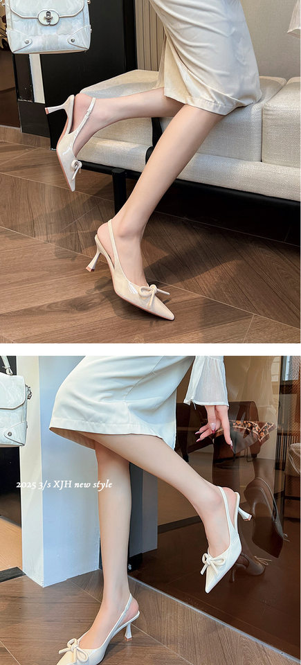 Giày cao gót nữ mũi nhọn gót mảnh quai ngang thắt nơ, sandal bít mũi gót 6–8 cm — Màu trắng be, Màu đen, Màu đỏ rượu chi tiết 9
