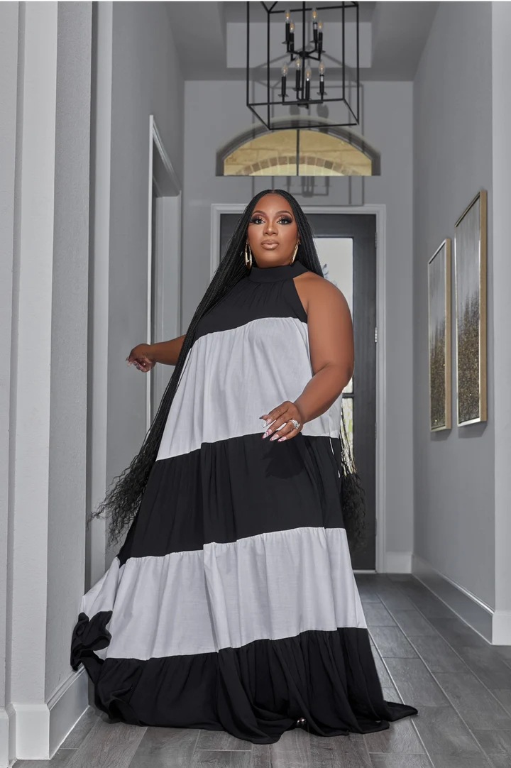 Women's plus-size splicing color contrast long swing dress_voghion.com