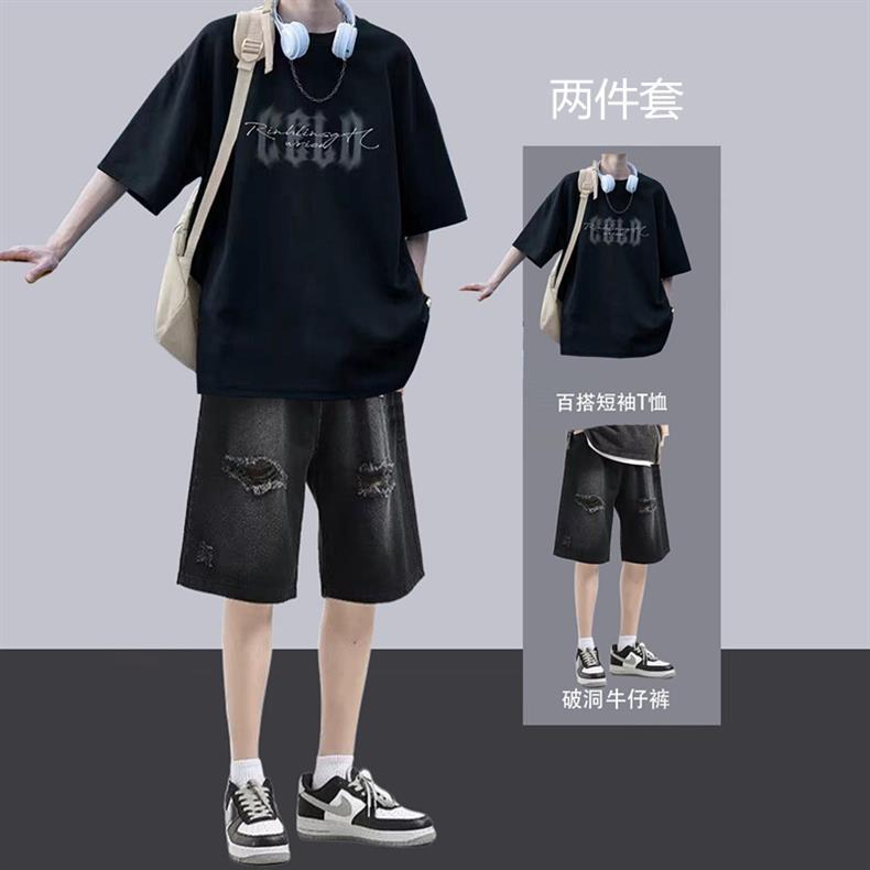Teenagers Short-sleeved T-shirt suit Summer Boys Cool Casual Set with Handsome Denim Shorts Two-piece Set