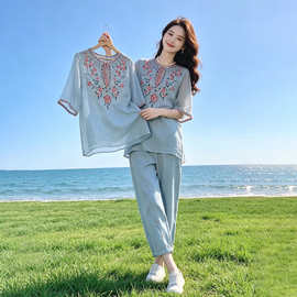 深圳南油夏日薄款浅蓝色运动套装女夏季高级感上衣阔腿裤两件套