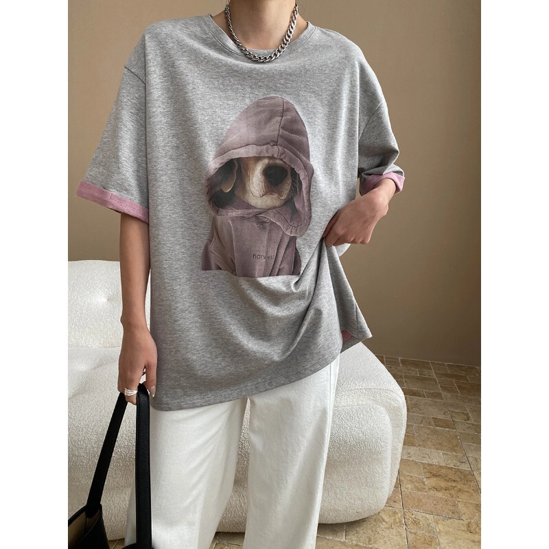 Sinan Early Autumn New Style Lazy Style Cartoon Print Contrasting Color Loose Slimming Look Large Version Short-Sleeved T-Shirt Sn7170