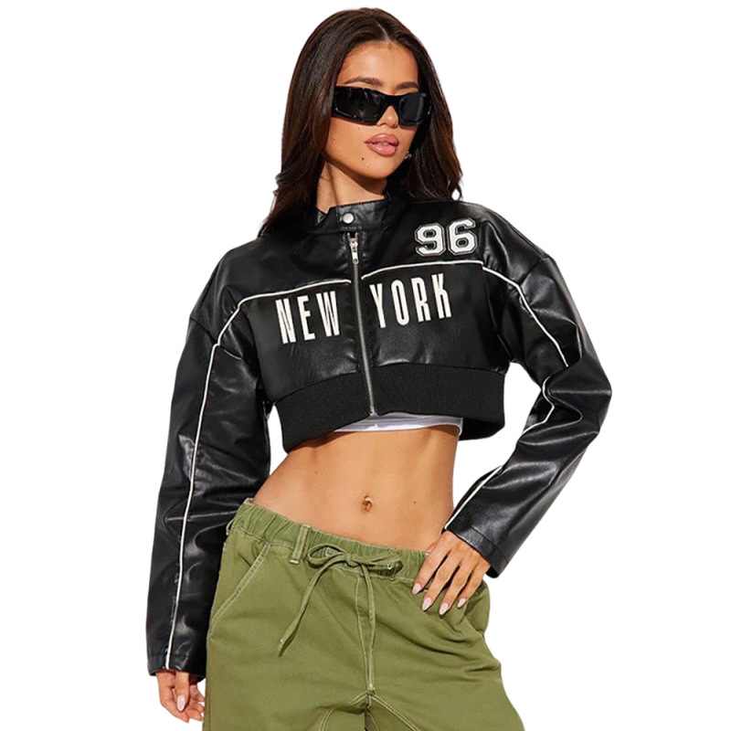 Women's Slim Fit Short Zip up Leather Jacket Autumn Fashion Print Patchwork Outerwear_ecoleips.com