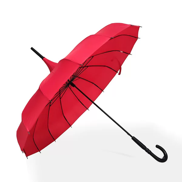 Factory Direct Supply In-Stock 16-Rib Solid Color Pagoda Umbrella with Straight Shaft and Curved Handle, Exquisite Pu Leather Handle, Rain or Shine Umbrella with Long Handle