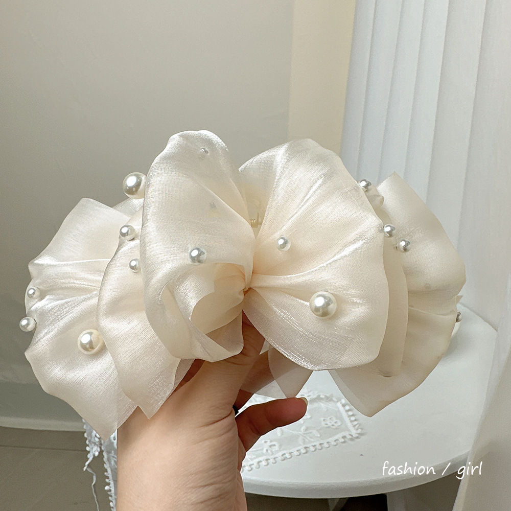 80g Weight Hair Claws Hair Accessories Type Pearl Inlay Material 1 Piece Quantity Elegant Princess Lady Solid Color Gauze Inlaid Pearls Hair Claws