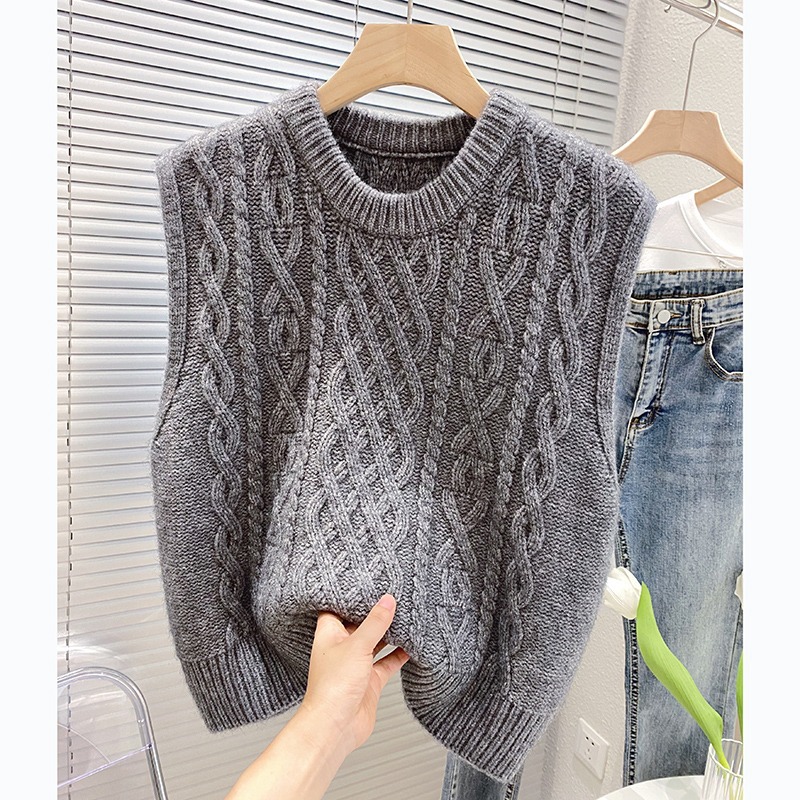 2023 primavera y otoño vintage Twist suéter sin mangas de las mujeres de estilo coreano flojo apilado Chaleco de punto exterior Chaleco de cuello redondo