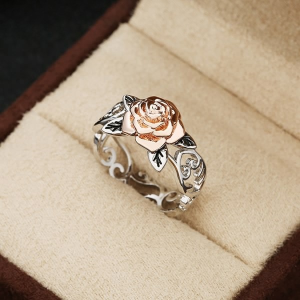 Cross-Border Wish Hot Selling 14K Rose Gold Plated Flower Ring European and American Retro 925 Silver Plated Color Matching Engagement Ring