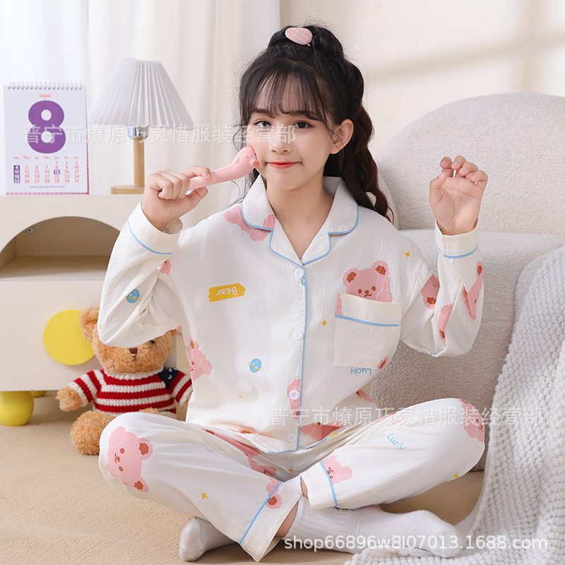 Pijama de niñas primavera y otoño dibujos animados tela espuma de tela delgada manga larga lindo ropa para niños de tamaño medio y grande ropa para el hogar