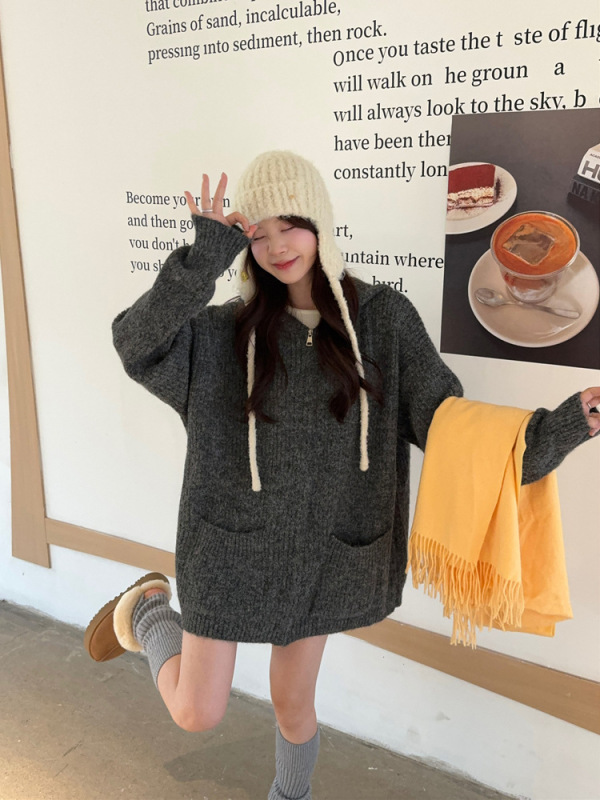 慵懒风连帽毛衣外套女2025秋季新款复古宽松中长款长袖针织上衣潮|undefined