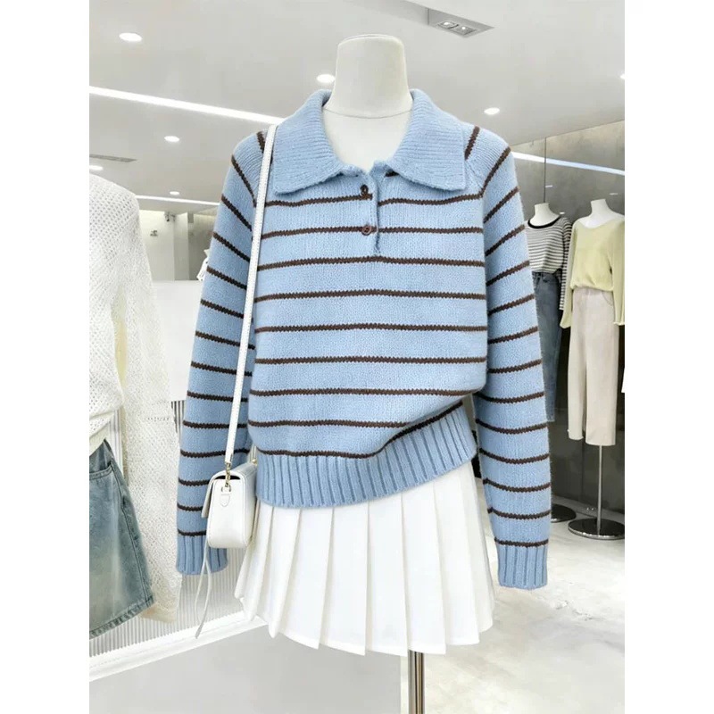 Cross-Border Autumn and Winter Korean Style Polo Collar Striped Sweater for Women, Loose and Soft Color-Blocking Knit Top, Factory In-Stock Cross-Border Autumn and Winter Korean Style Polo Collar Striped Sweater for Women, Loose and Soft Color-Blocking Knit Top, Factory In-Stock