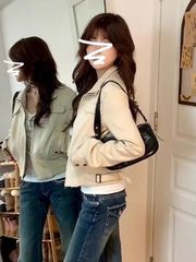春秋季新款爆款美式复古麂皮绒机车服气质短款设计感夹克外套女装