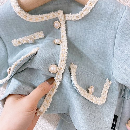 Korean style girls' little fragrance suit 2024 summer new style baby girl's temperament short-sleeved top pleated skirt two-piece set