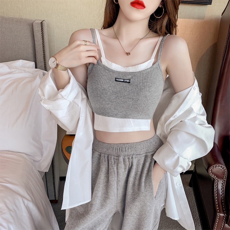 Verano falso de dos piezas de belleza correa trasera envuelto pecho chaleco interior y exterior desgaste irregular contraste color costura delgada bottoming top