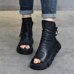 【】Tiannige original fashion thick-soled platform shoes cowhide sandals genuine leather hole shoes fish mouth women's shoes