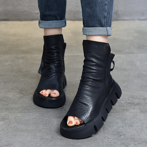 【】Tiannige original fashion thick-soled platform shoes cowhide sandals genuine leather hole shoes fish mouth women's shoes