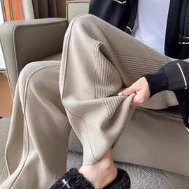外贸新款坑条设计感松紧腰针织阔腿裤女小个子高腰纯色针织女裤