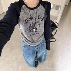 美式复古甜辣妹撞色插肩袖狗狗字母植绒晕染打底衫t恤女秋冬上衣