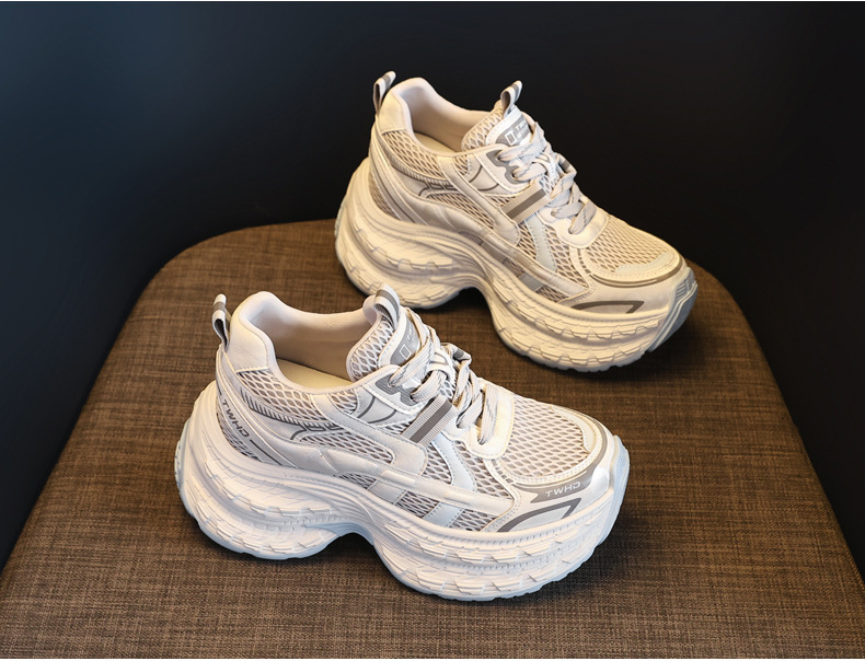 Giày sneaker nữ chunky đế dày lưới thoáng khí tăng chiều cao — màu be chi tiết 4